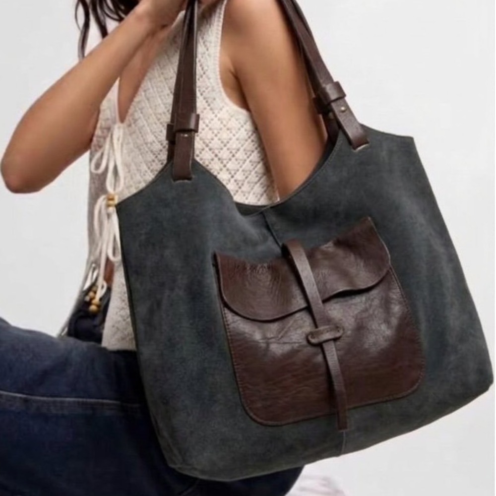 Massimo Palomba Handmade Italian Forest Green Suede Large Rustic Shoulder Bag